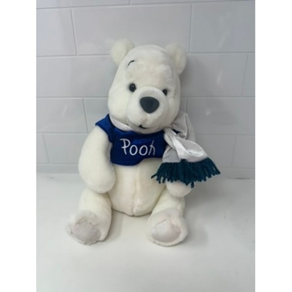 Disney Store Winnie the Pooh White Polar Bear Plush Blue Velvet Shirt Scarf 12"